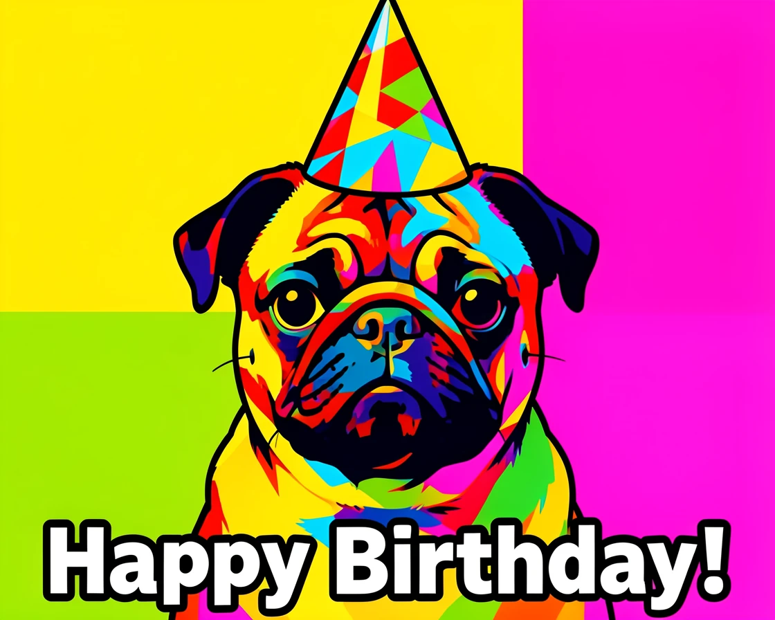 Pug wearing a party hat at a birthday celebration