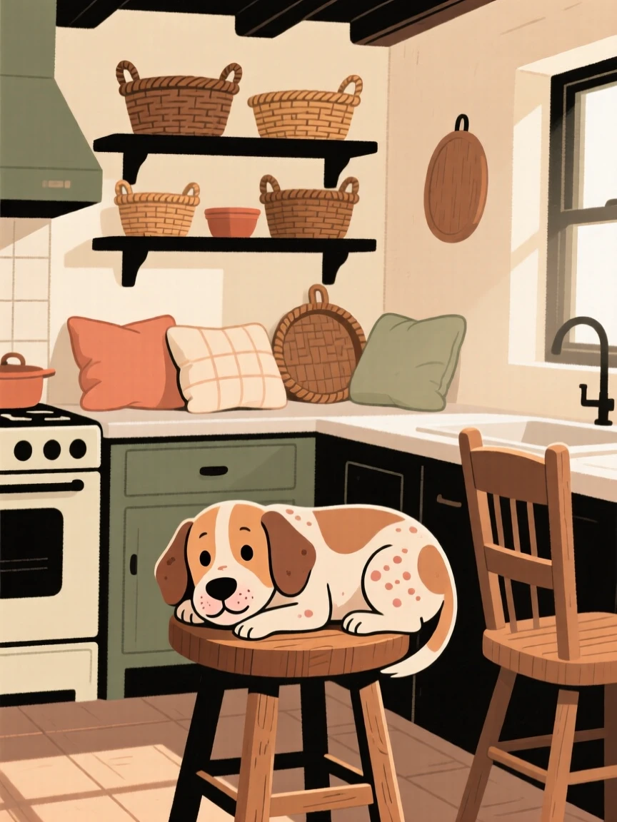 Morning light spills across a small farmhouse kitchen filled with woven baskets and soft cushions, where a old dog naps peacefully on the kitchen stool.