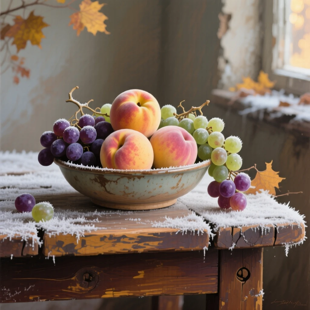A centered composition of a bowl of ripe peaches and grapes on a wooden table, in mid-autumn, beneath fresh fallen frost.