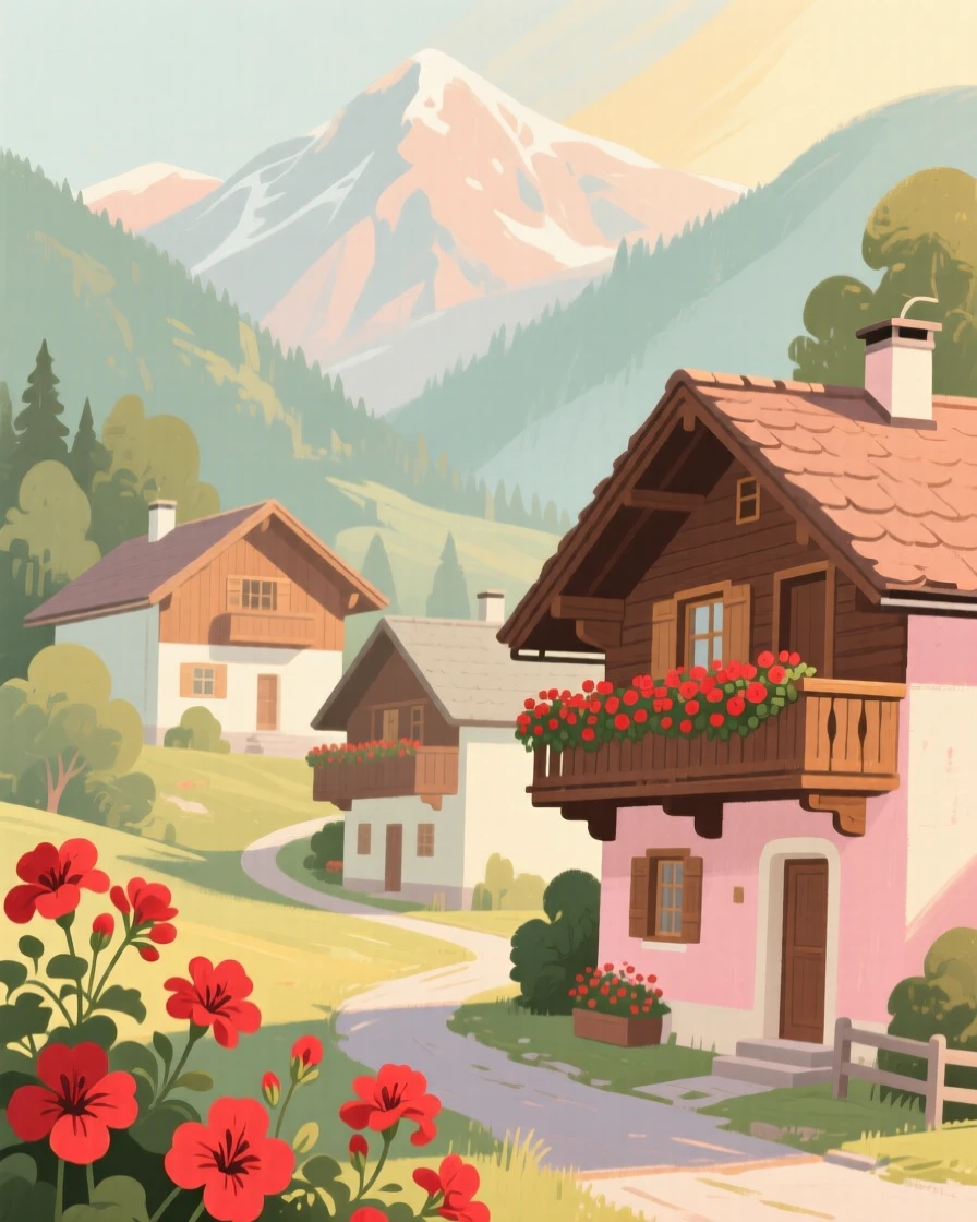 A mountain hamlet with wooden balconies overflowing with red geraniums