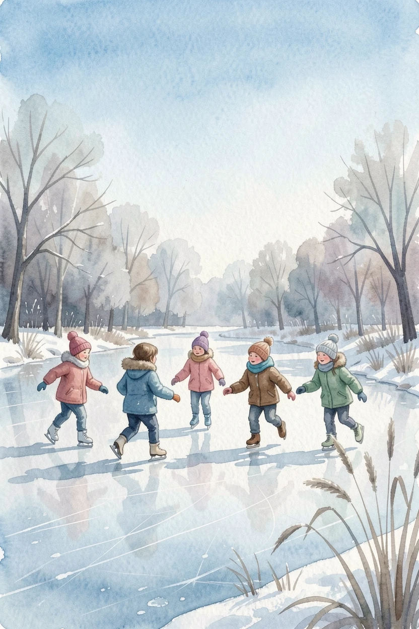 Children ice skating on a frozen pond under a bright blue sky.