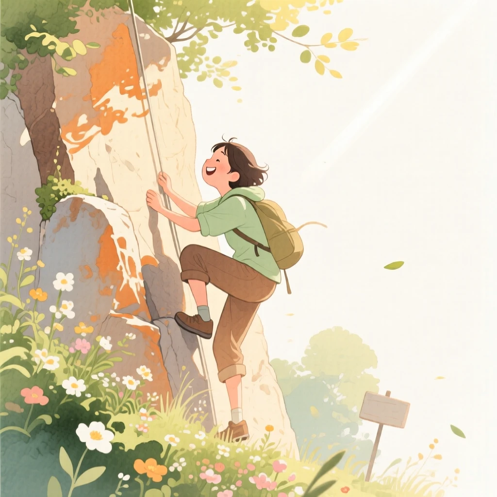 A peaceful scene of someone climbing a sunlit cliff face in a sunlit garden, fully absorbed in a quiet, joyful moment