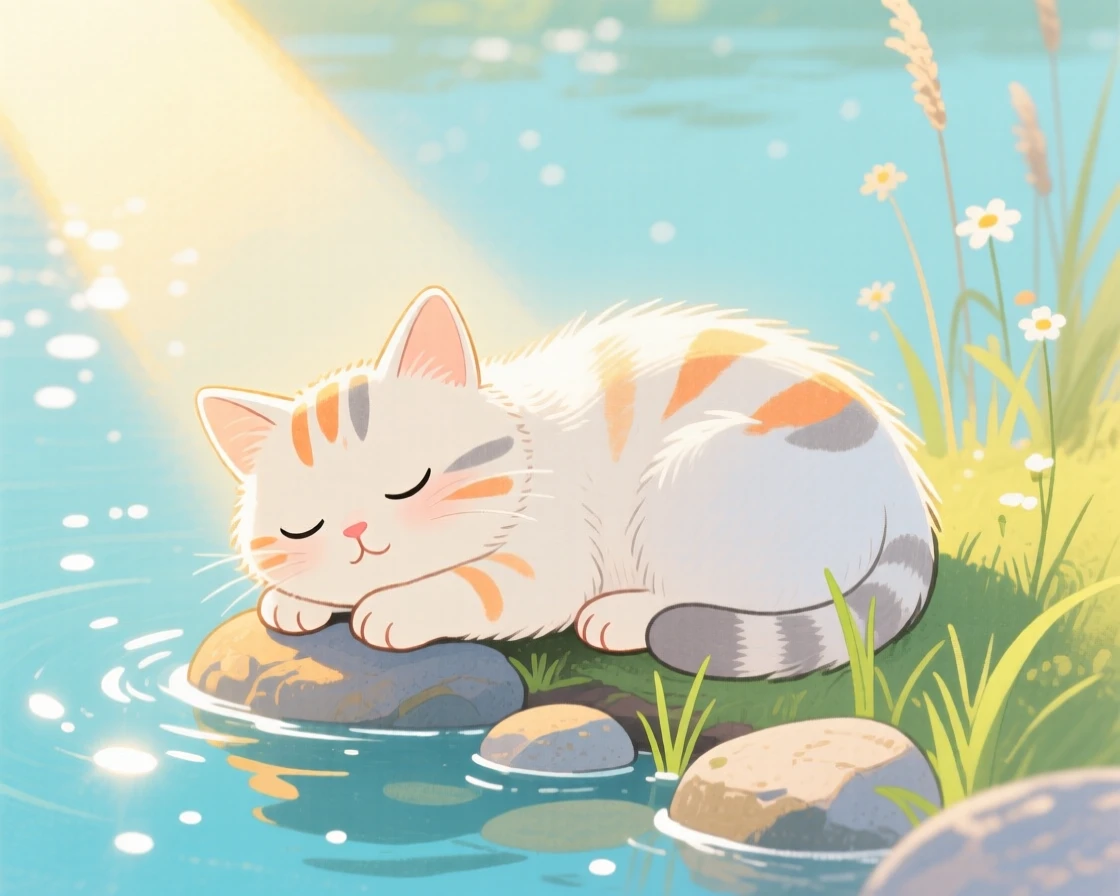A close-up portrait of a kitten napping in a sunbeam in the edge of a sparkling lake.