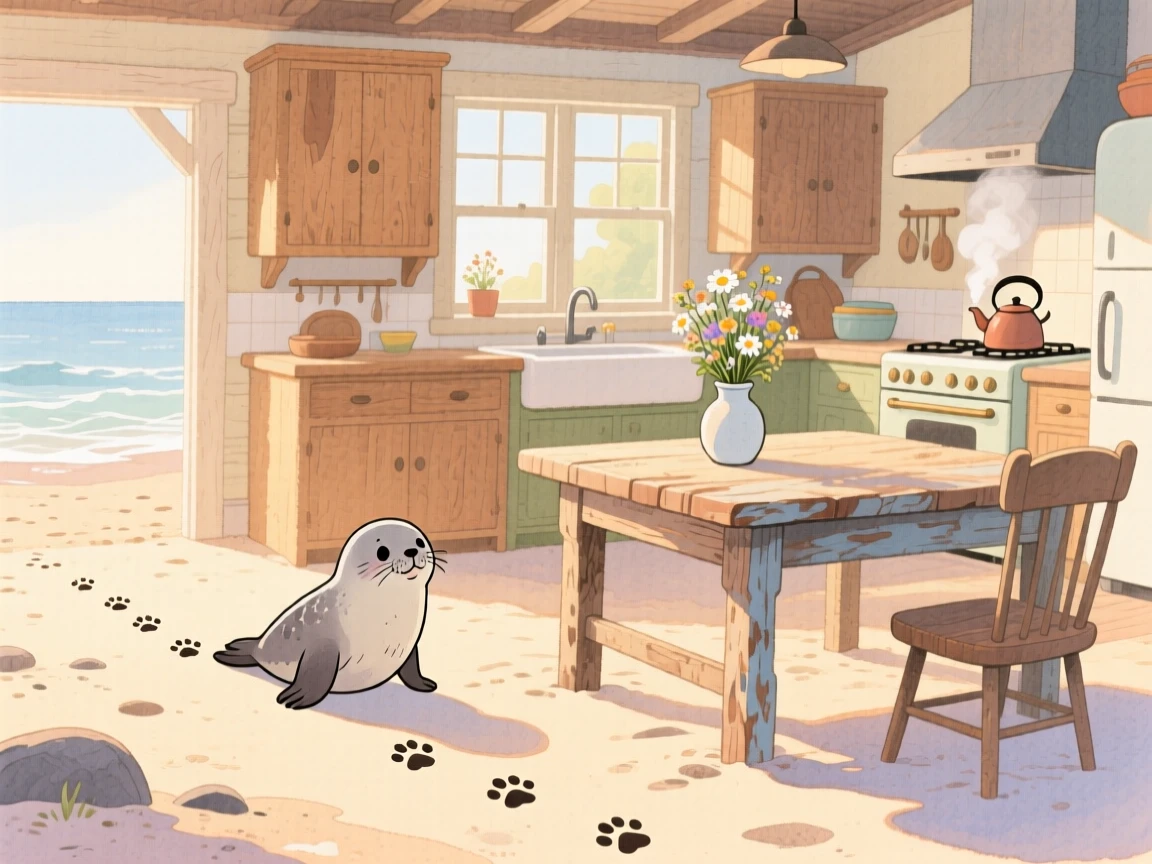 A baby seal following a trail of paw prints across a beach, set in a cozy farmhouse kitchen with morning light streaming in, brimming with cozy comfort.