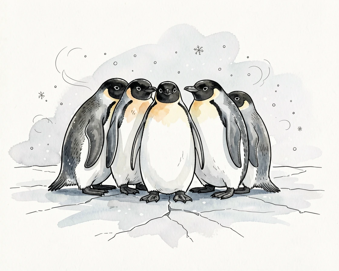 A group of penguins huddled together on Antarctic ice, snow swirling gently around them