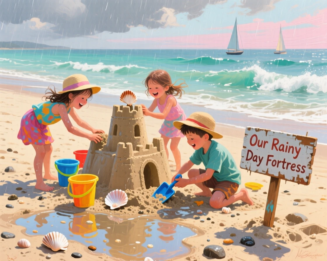 children building a sandcastle near gentle waves, after a passing rain shower, with layered visual detail from foreground to horizon.