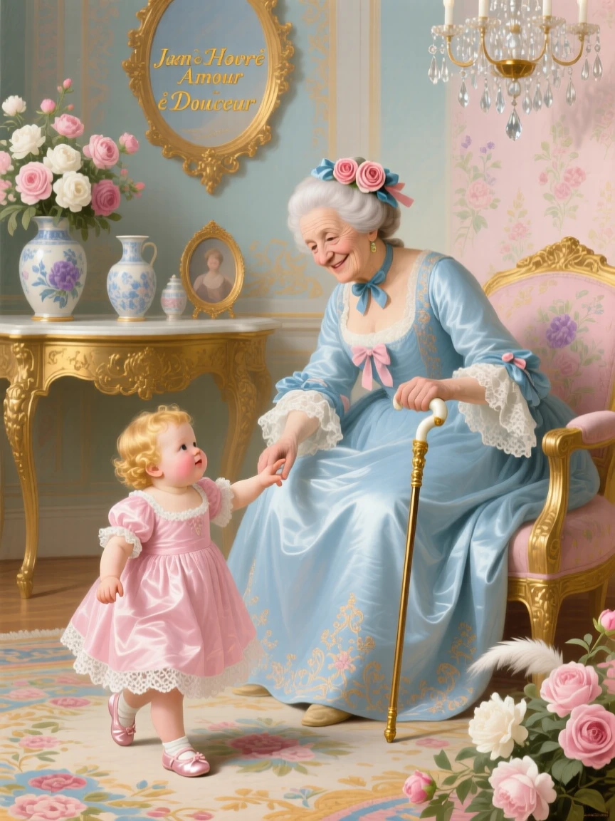 A toddler taking first steps toward a smiling grandmother in a sunlit parlor  