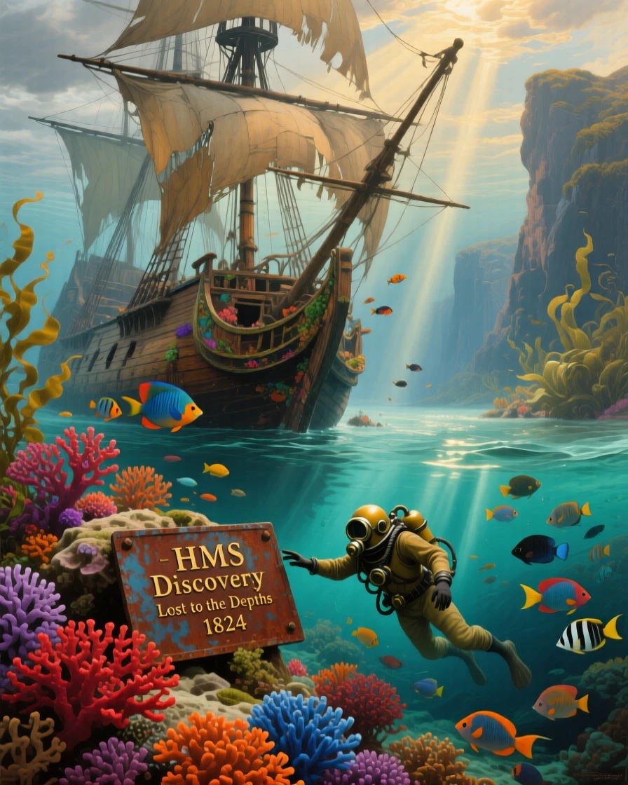 A diver explores a sunken ship resting on a coral reef.