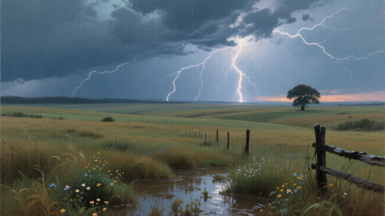 A lightning storm illuminating a wide open prairie at dusk, with rich, saturated colors deepened by recent rainfall, radiating tranquility and the timeless beauty of the natural world