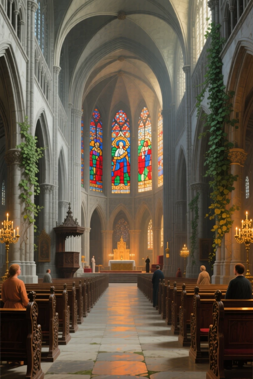 A cathedral nave bathed in colored light from stained glass windows resonating with the faint echo of distant footsteps, set within a palace built for generations of nobility, with climbing ivy softening the edges of ancient stonework; warm interior light contrasts with cool light spilling in from outside, evoking timeless grandeur and quiet reverence.