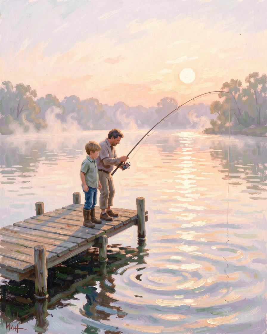 A father teaching his son to fish from a wooden pier at sunrise, mist rising gently off the water.