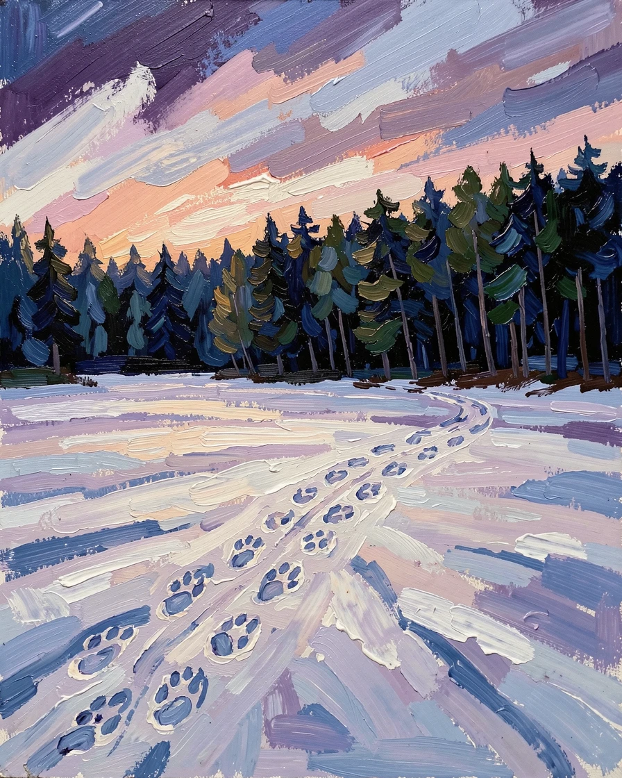 A quiet snowfield at dusk, animal tracks leading toward a distant dark forest.