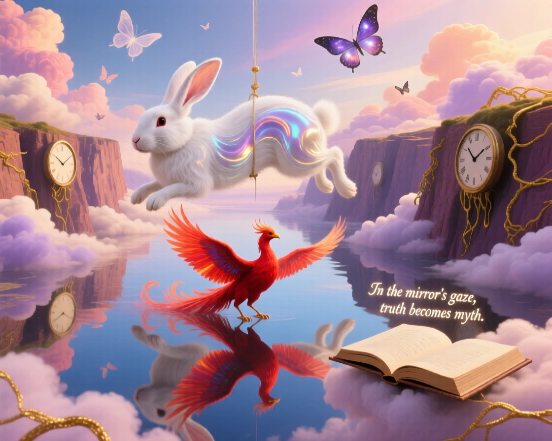 A rabbit whose fur ripples like water in the wind drifts weightlessly through a canyon of soft clouds, while its reflection shows a completely different creature.