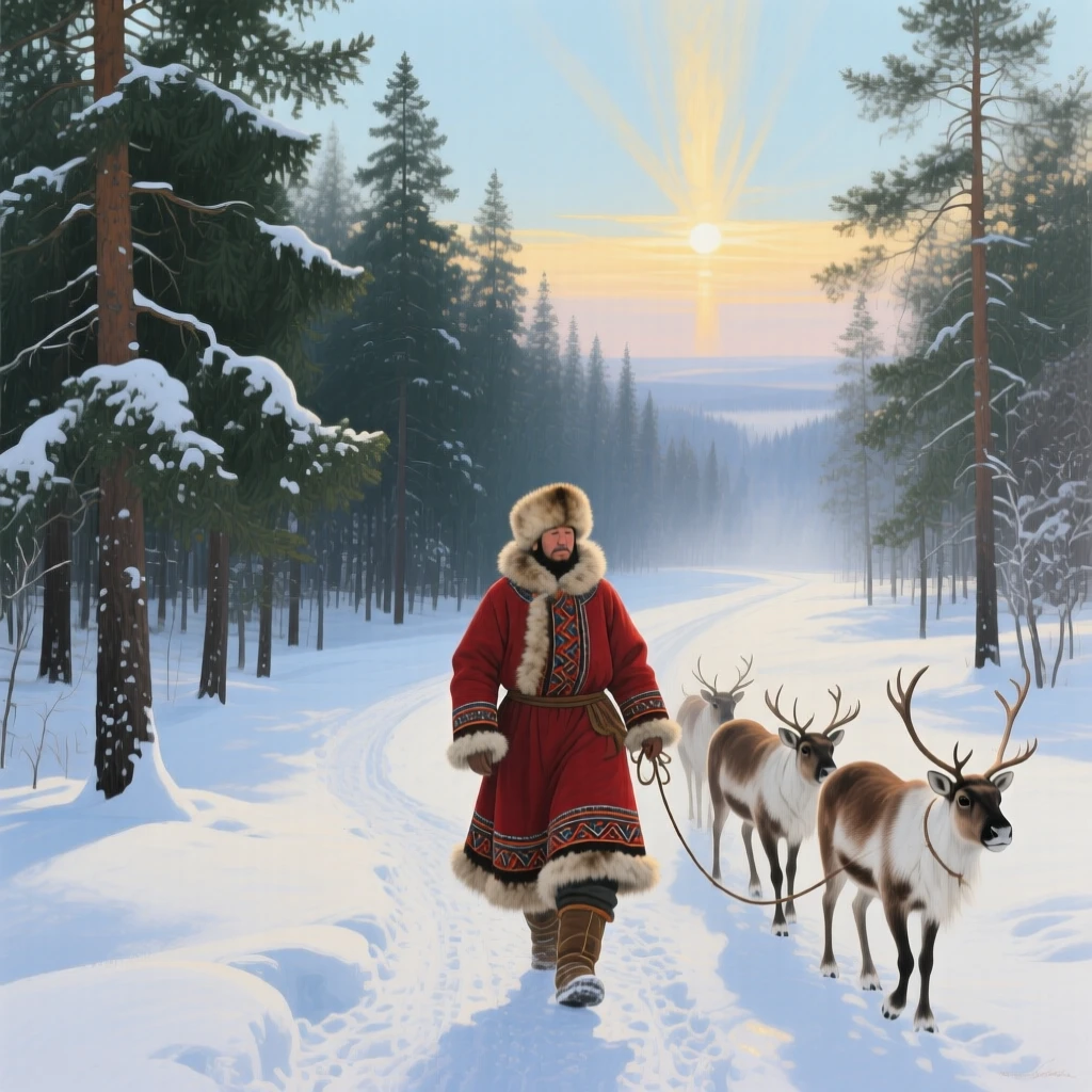 A dense pine forest in Siberia stretches to the horizon under a low winter sun, a reindeer herder in traditional dress leading his animals along a snow-packed trail, a faint haze softening the far horizon while nearer details remain crisp and vivid.