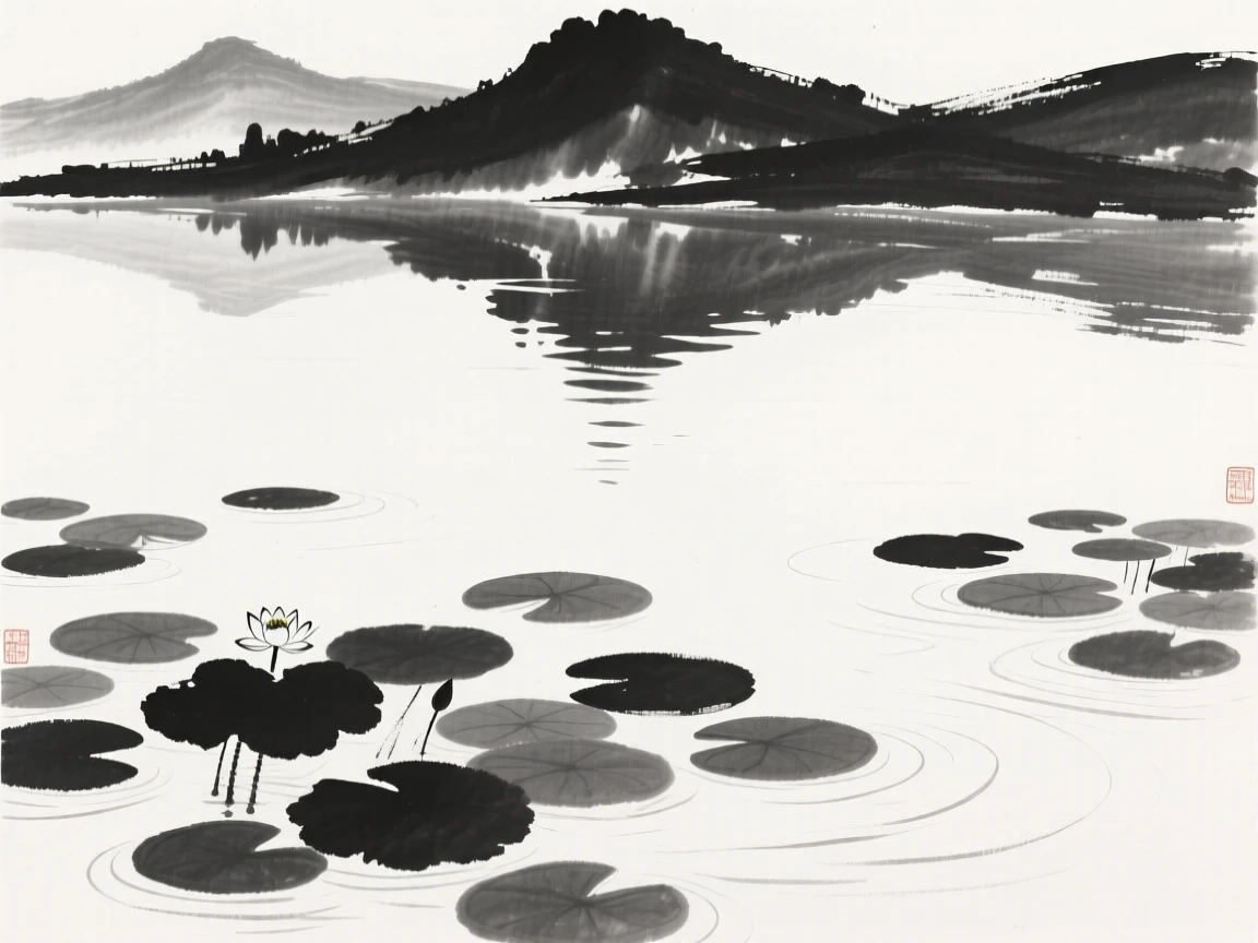 a quiet pond covered with floating lily pads, mirroring the surrounding hills on its glassy surface.