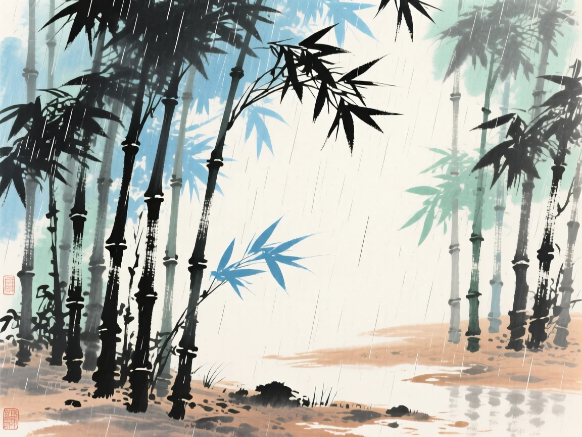 A quiet bamboo grove after a fresh rain, conveying a deep sense of harmony with nature, at midday.