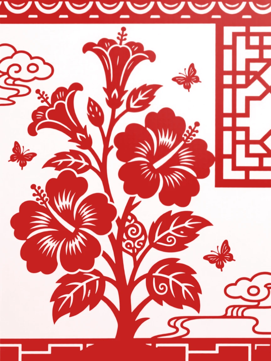 A hibiscus bush blooming beside a garden wall, large trumpet-shaped flowers in vivid red