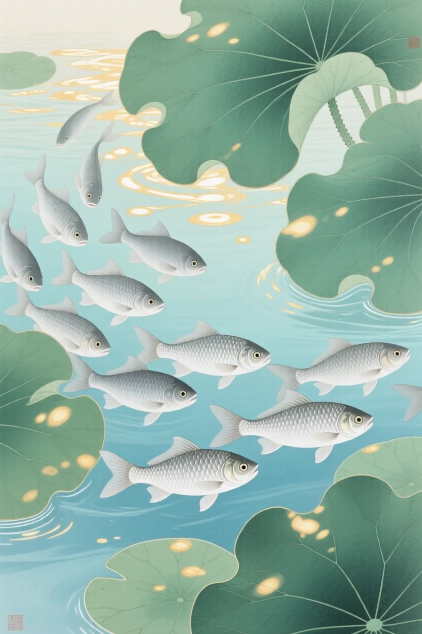 A school of silver fish beneath lily pads in clear water dappled with sunlight