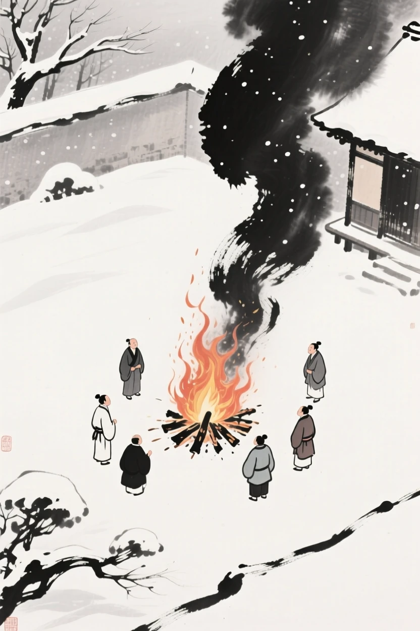 A New Year's fire crackling in a snow-covered courtyard, seen from a gentle elevated view over the gathering below, capturing the quiet magic of a changing season.