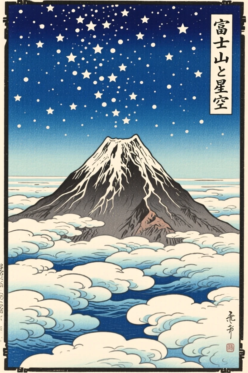 A jagged volcanic cone, above a sea of clouds, beneath a star-filled sky.