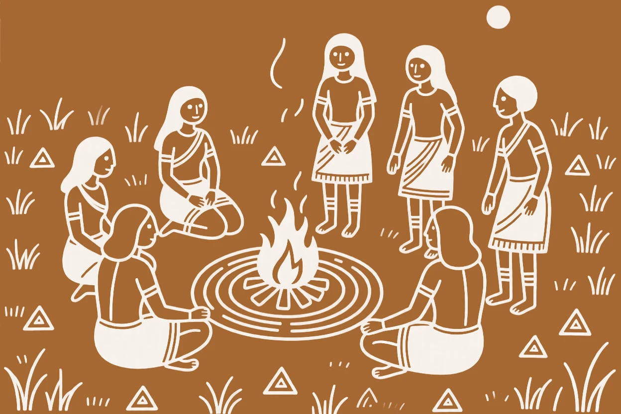 A group of tribal women gathering for an evening meeting around a communal fire pit.