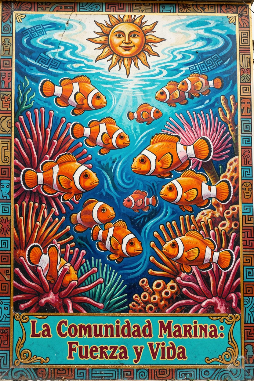 A school of clownfish swimming among sea anemones