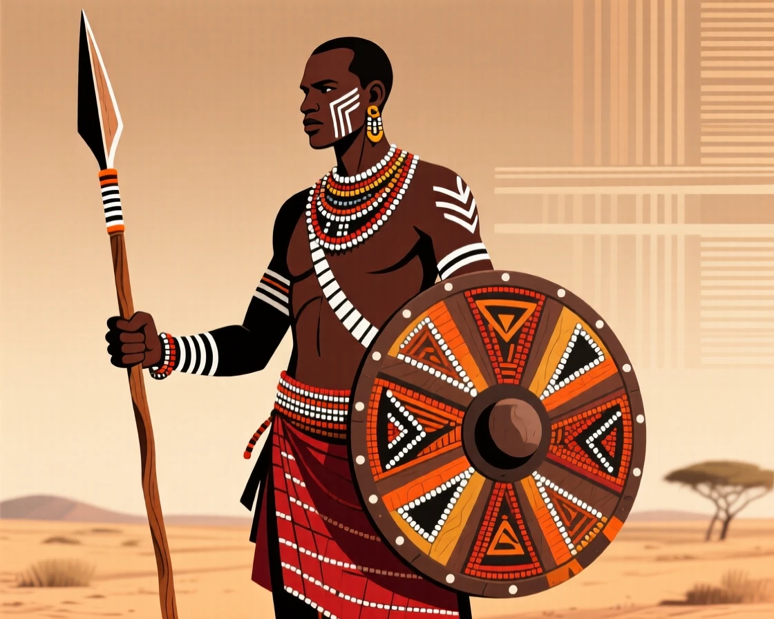 A Maasai warrior standing tall with a spear and shield.
