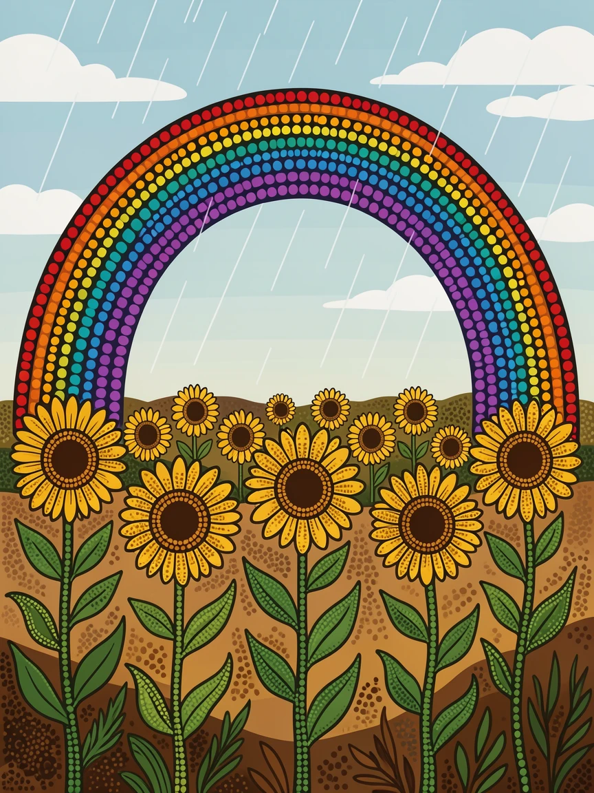 A golden sunflower field beneath a rainbow after rain