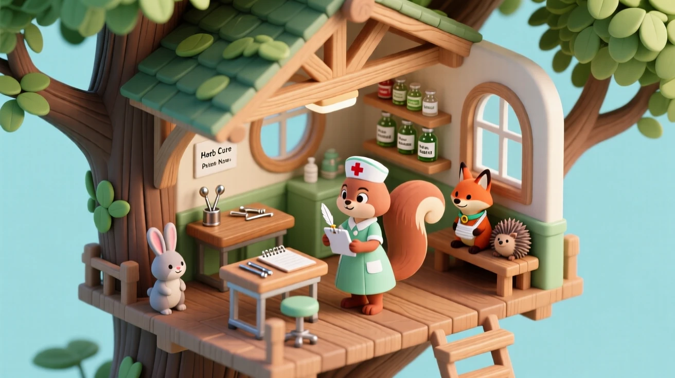 A treehouse veterinary clinic with tiny examination tables, bandaged woodland animals waiting on a bench, medicine bottles lined on a shelf, and a nurse squirrel taking notes.