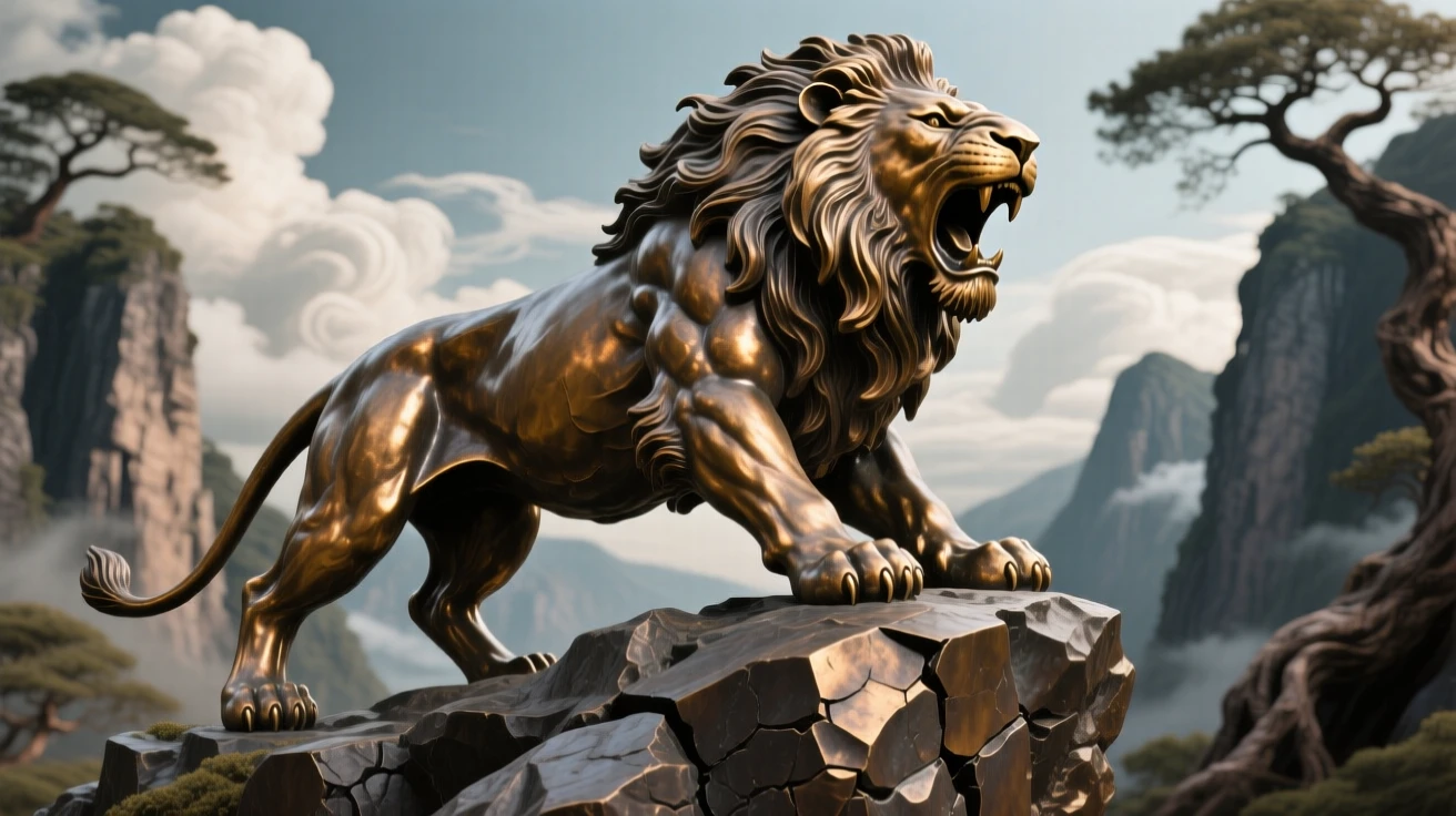 A lion roaring atop a rocky outcrop, framed by dramatic natural scenery, evoking wonder and majesty