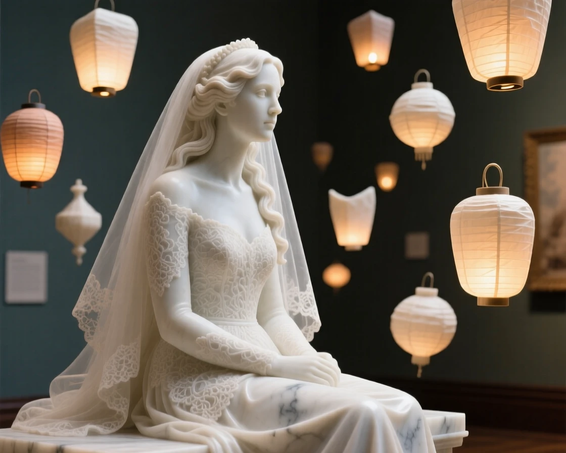 A tender portrait of a bride on her wedding day, gazing thoughtfully into the distance, surrounded by floating lanterns, evoking warmth and humanity