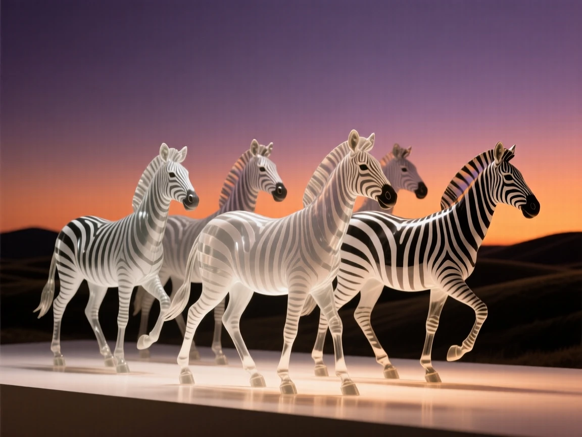 A zebra herd silhouetted against a dramatic sunset sky over rolling hills, warm orange and purple tones creating a serene, cinematic mood.