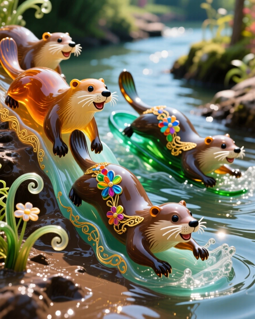 A troop of playful otters sliding down a muddy riverbank, joyful and comedic.