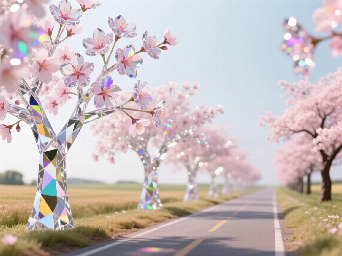 A field of cherry blossom trees in full bloom lining a quiet countryside road.
