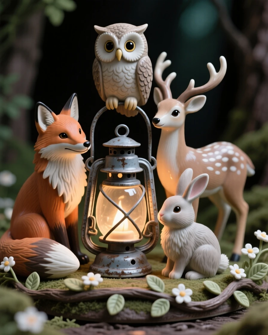 A group of forest animals gathered around a lantern captured in a charming, storybook moment, framed by miniature flowers and leaves, capturing the magic of imaginative make-believe.