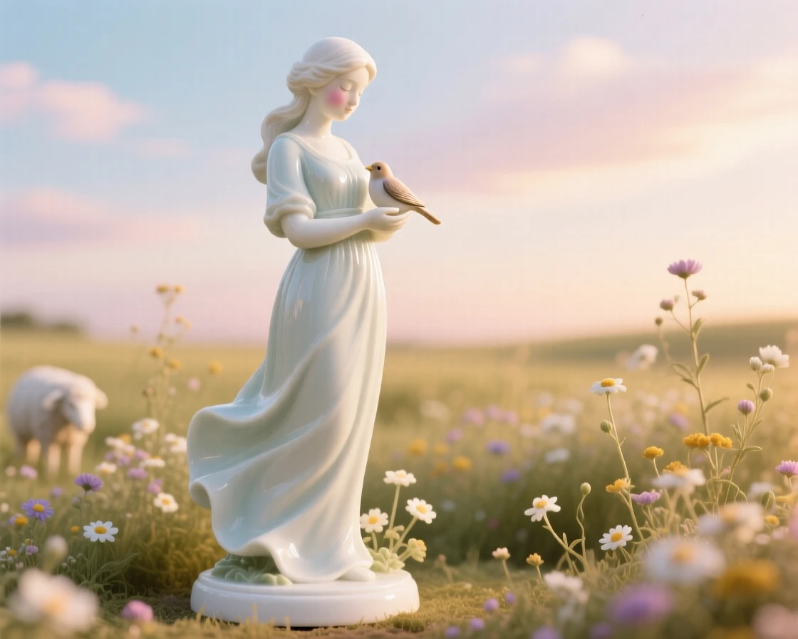 A gentle shepherdess cradling a small bird in cupped hands in a wildflower field under a pastel sky, the scene bathed in golden late-afternoon light.