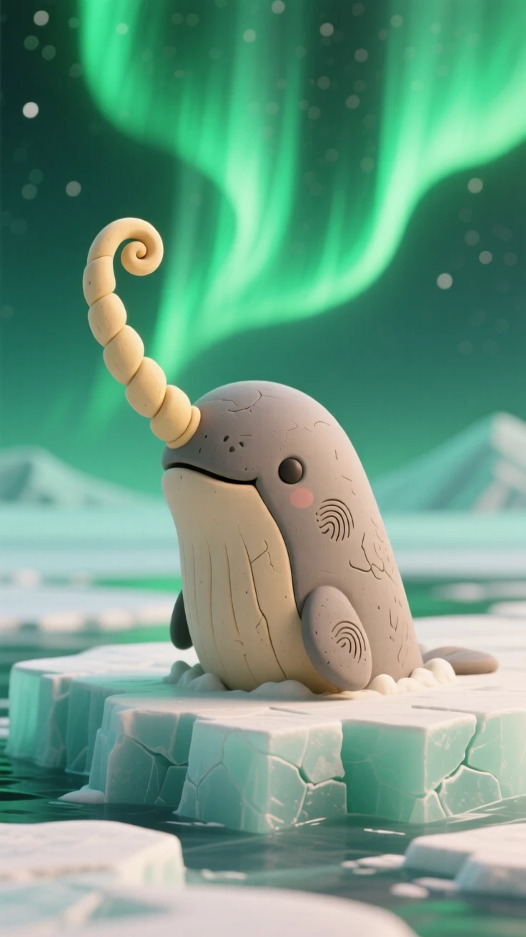 A narwhal breaching through Arctic ice under a green auroral sky