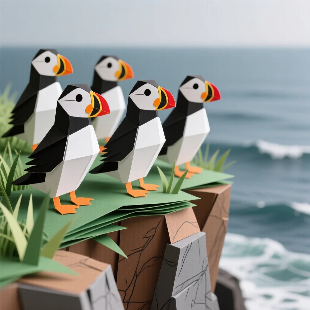 A group of puffins standing along a grassy sea cliff, colorful beaks vivid against the gray ocean behind them, evoking quirky charm and coastal life.