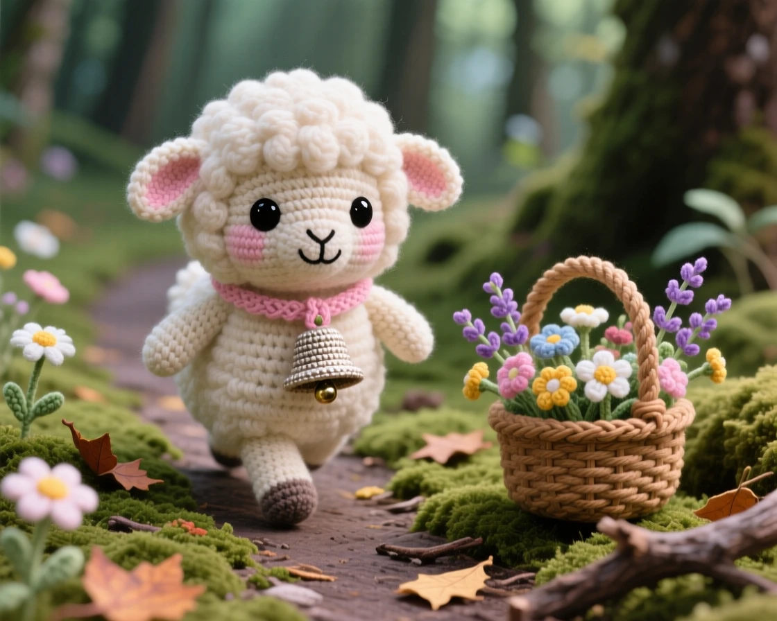 A heartwarming close-up of a fluffy baby lamb, with a bell around its neck, trotting alongside a wildflower-lined path in a mossy forest floor covered in fallen leaves; a small basket of wildflowers nearby completes the scene, radiating a peaceful, drowsy calm settling over the scene.