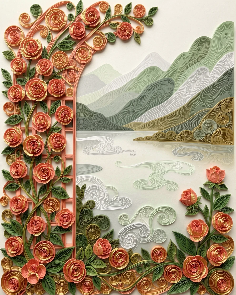 a garden trellis overflowing with climbing roses, along the edge of a misty mountain lake, layered from foreground to background for depth, in a rich gradient of coral, gold, and green.