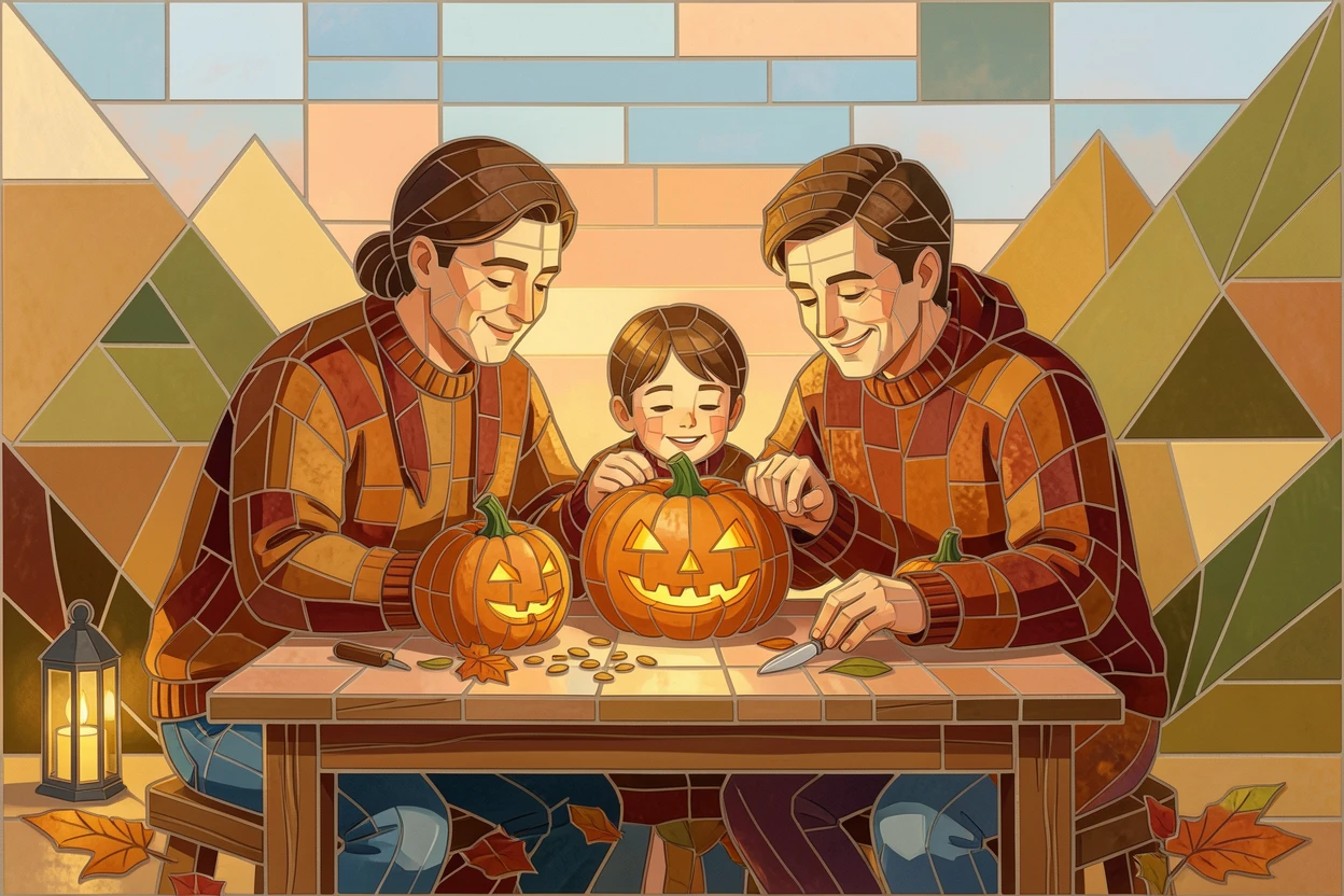 A charming, nostalgic scene of a warm autumn scene of a family carving pumpkins together, evoking calm and comfort.