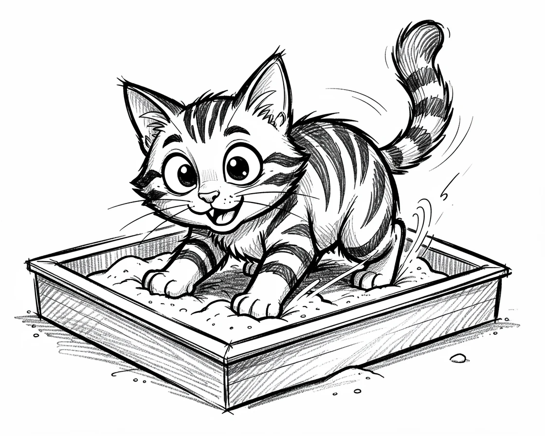 A curious tabby cat digging happily in a sandbox.