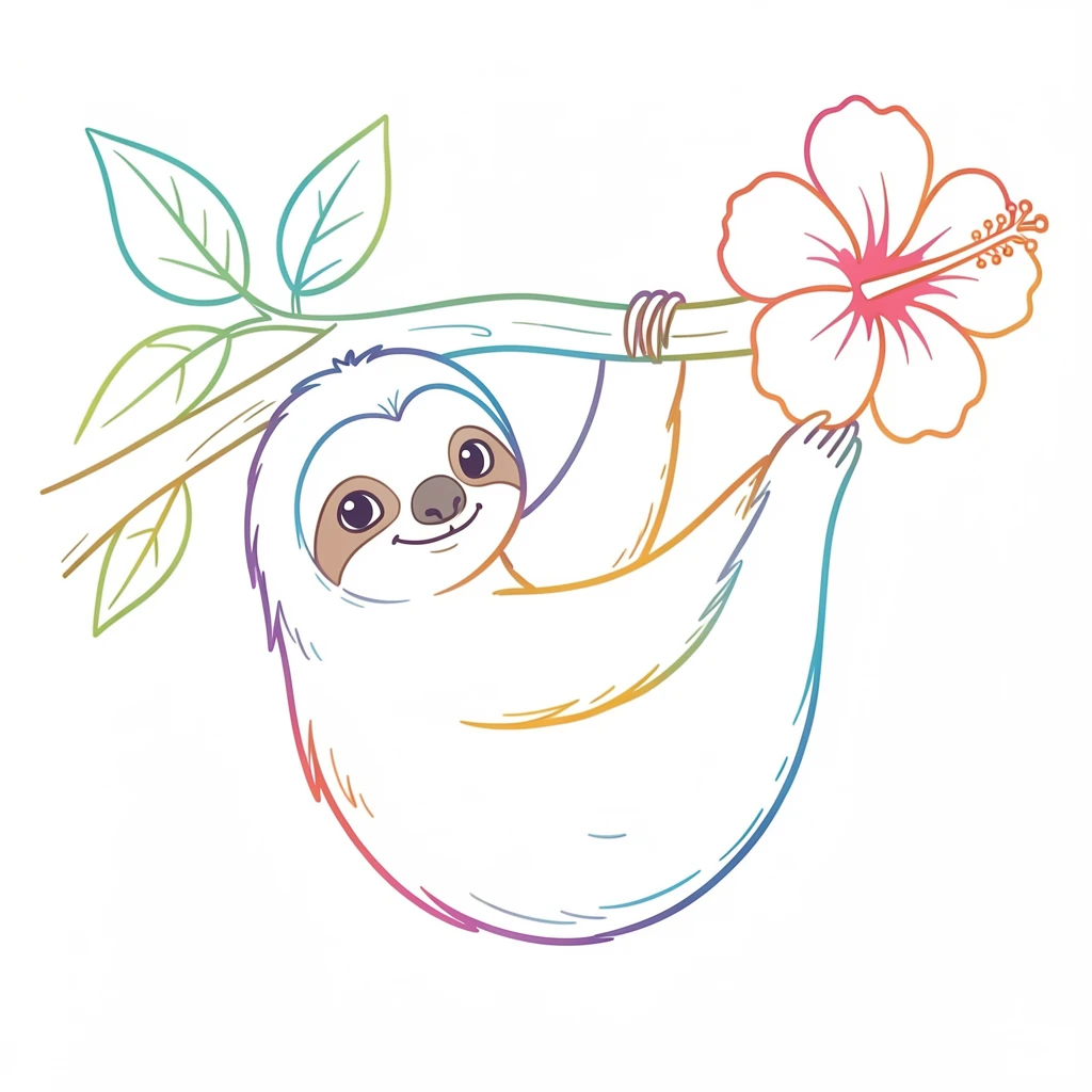 A baby sloth clinging to a branch, slowly reaching for a hibiscus flower.