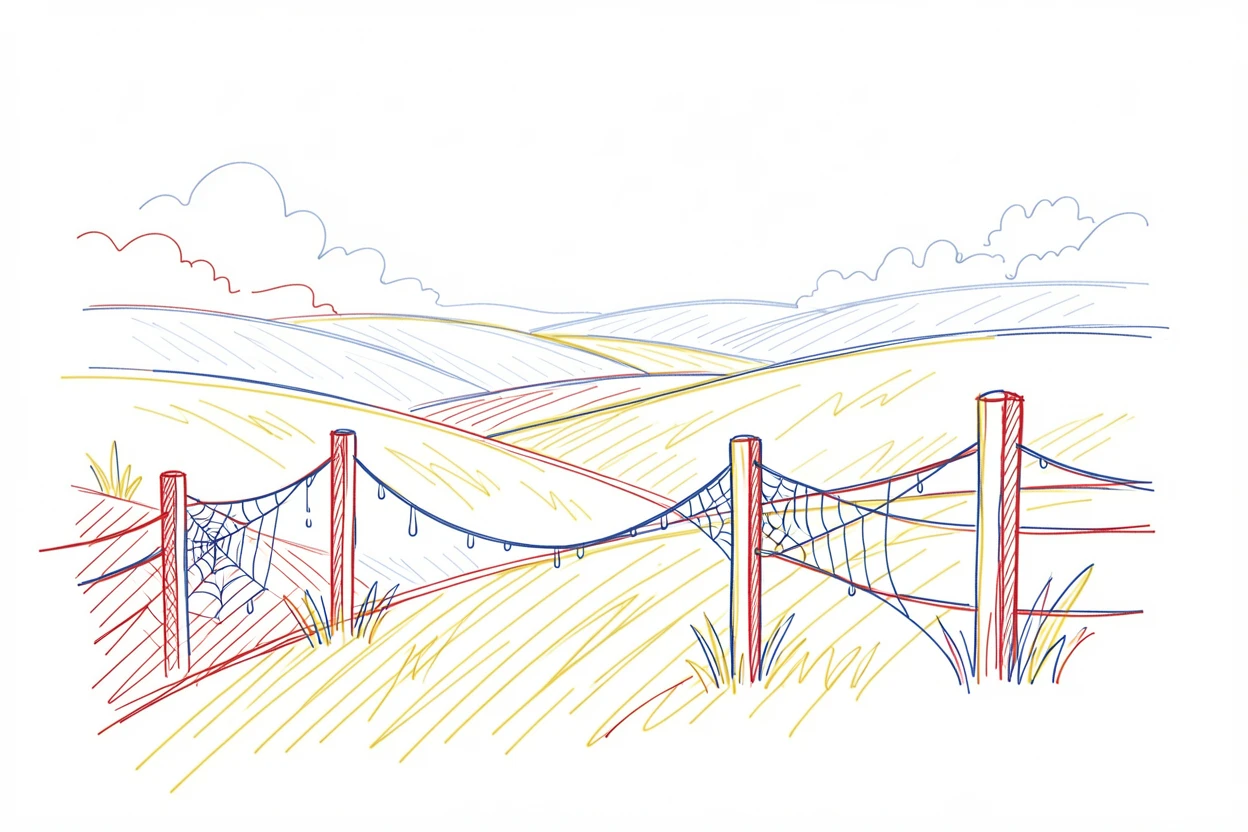 A quiet countryside at dawn, dew-covered spiderwebs strung between fence posts