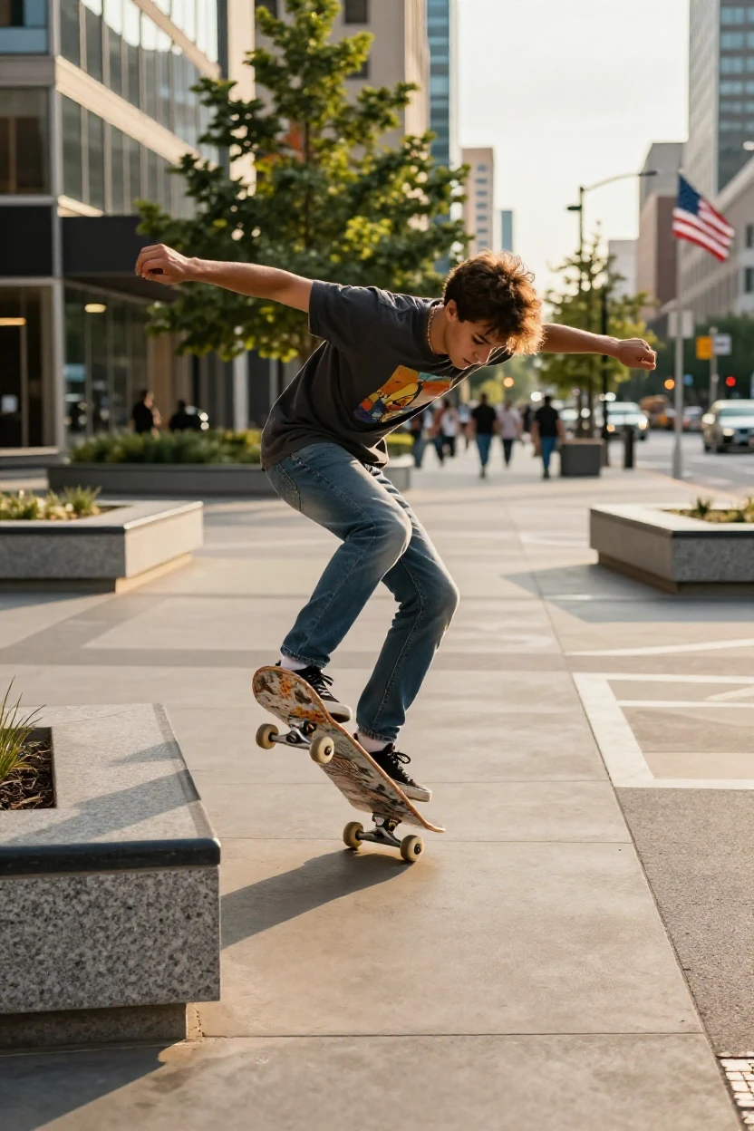 A skateboarder performing a trick in an urban plaza