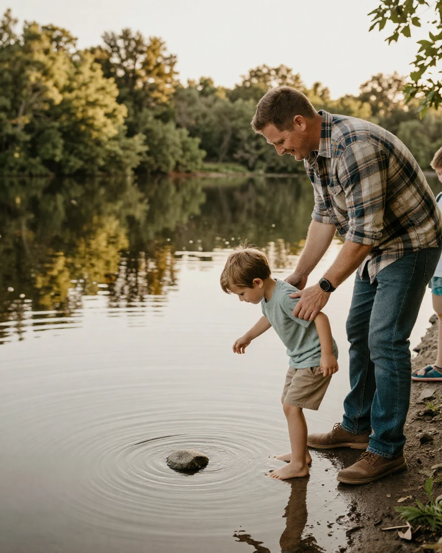 A father teaches his son to skip a stone across a still lake, counting the bounces.