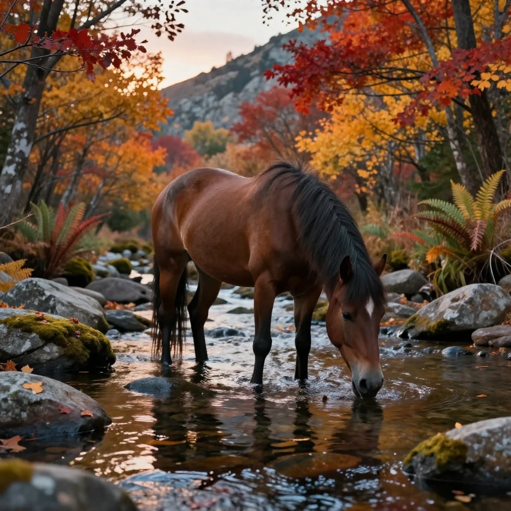 A wild mustang drinking from a clear mountain stream beneath a canopy of autumn leaves as the day slowly fades