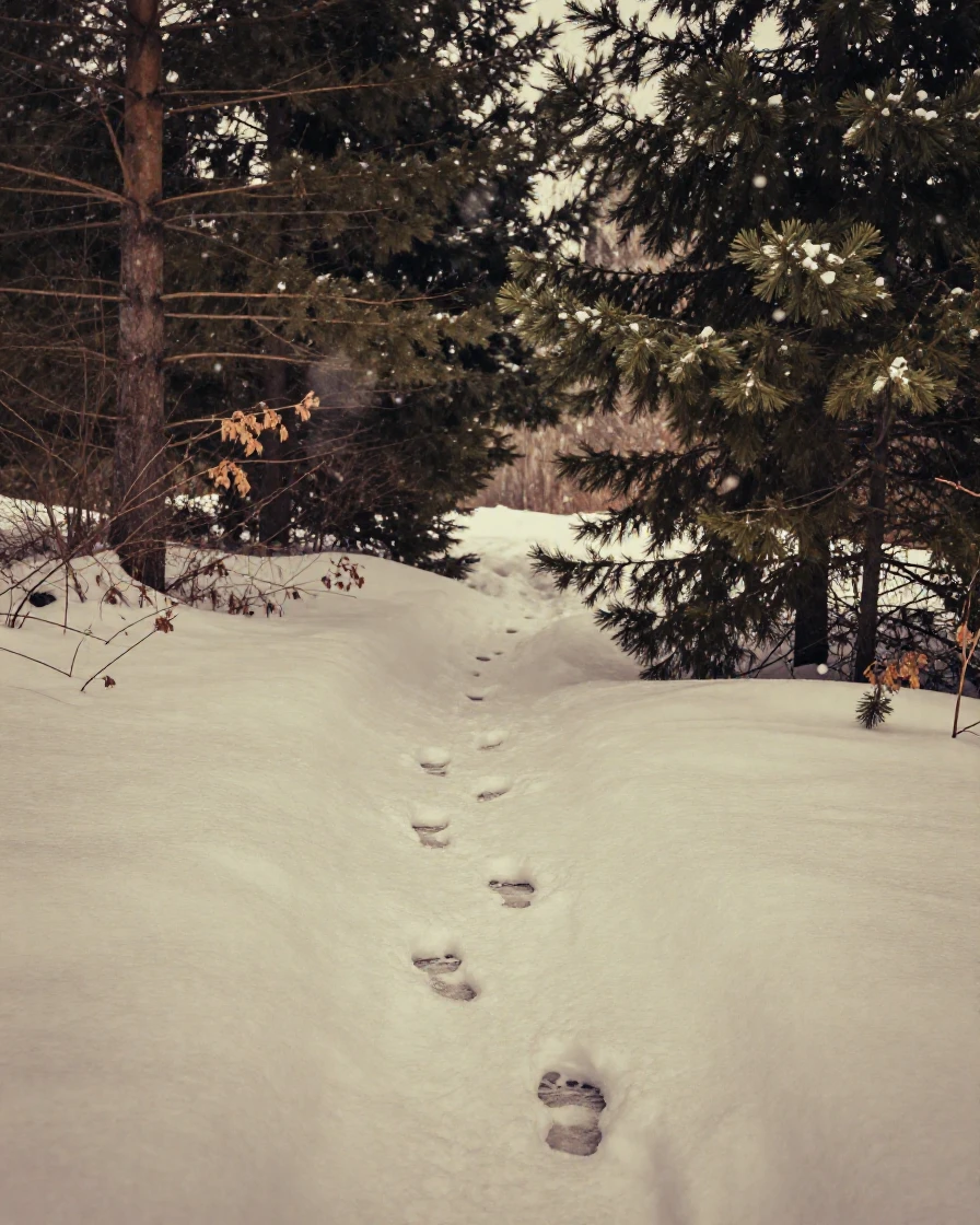 Footprints trailing across a fresh blanket of untouched snow, in low lamplight, amid gently falling snow, in the depths of winter, with deep emerald greens and browns, at eye level, intimate and direct.