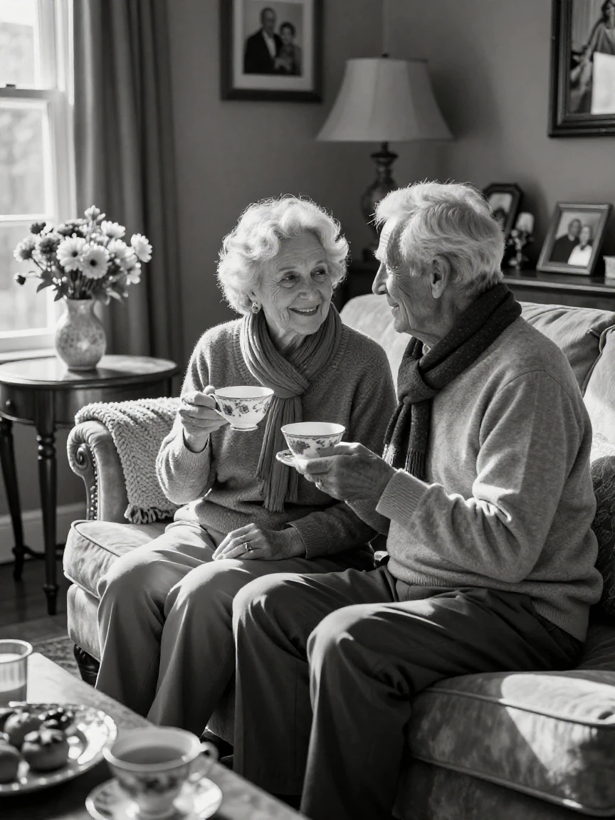 An elderly couple shares a quiet cup of tea in a sunlit living room.