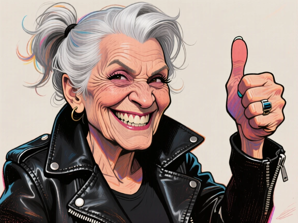 A tough biker grandma with silver hair in a ponytail, leather jacket, and a big thumbs up.